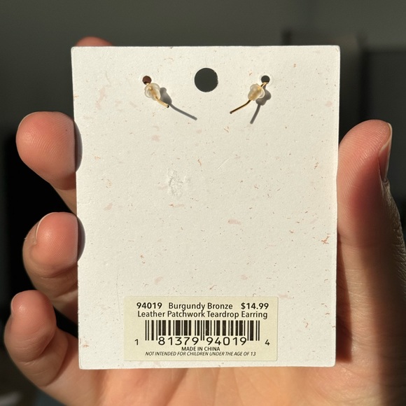 PIPPA & RAWLS Genuine Leather Patchwork Burgundy Bronze Teardrop Earrings NEW - Picture 2 of 2